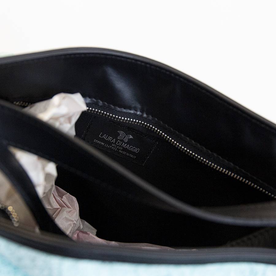 Laura Di Maggio VENICE – Zaino/borsa in pelle e tessuto azzurro Vendita Calda