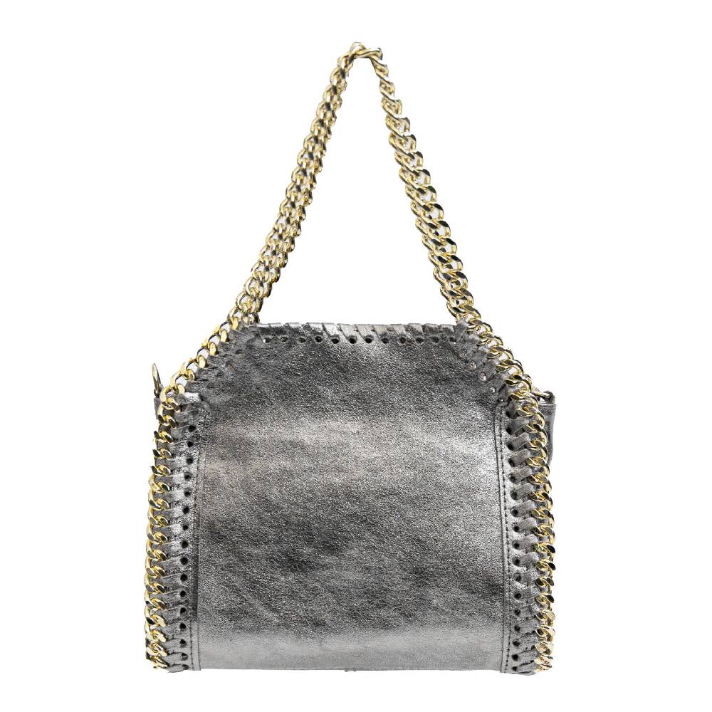 Laura Di Maggio LUMI – Borsa con catene in pelle laminata argento Sostegno trimestrale