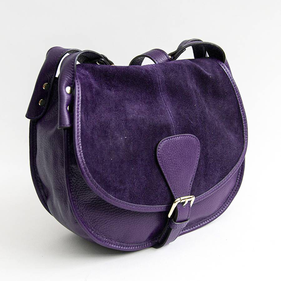 Laura Di Maggio SADDLE – postina in pelle e camoscio viola Trasporto libero internazionale