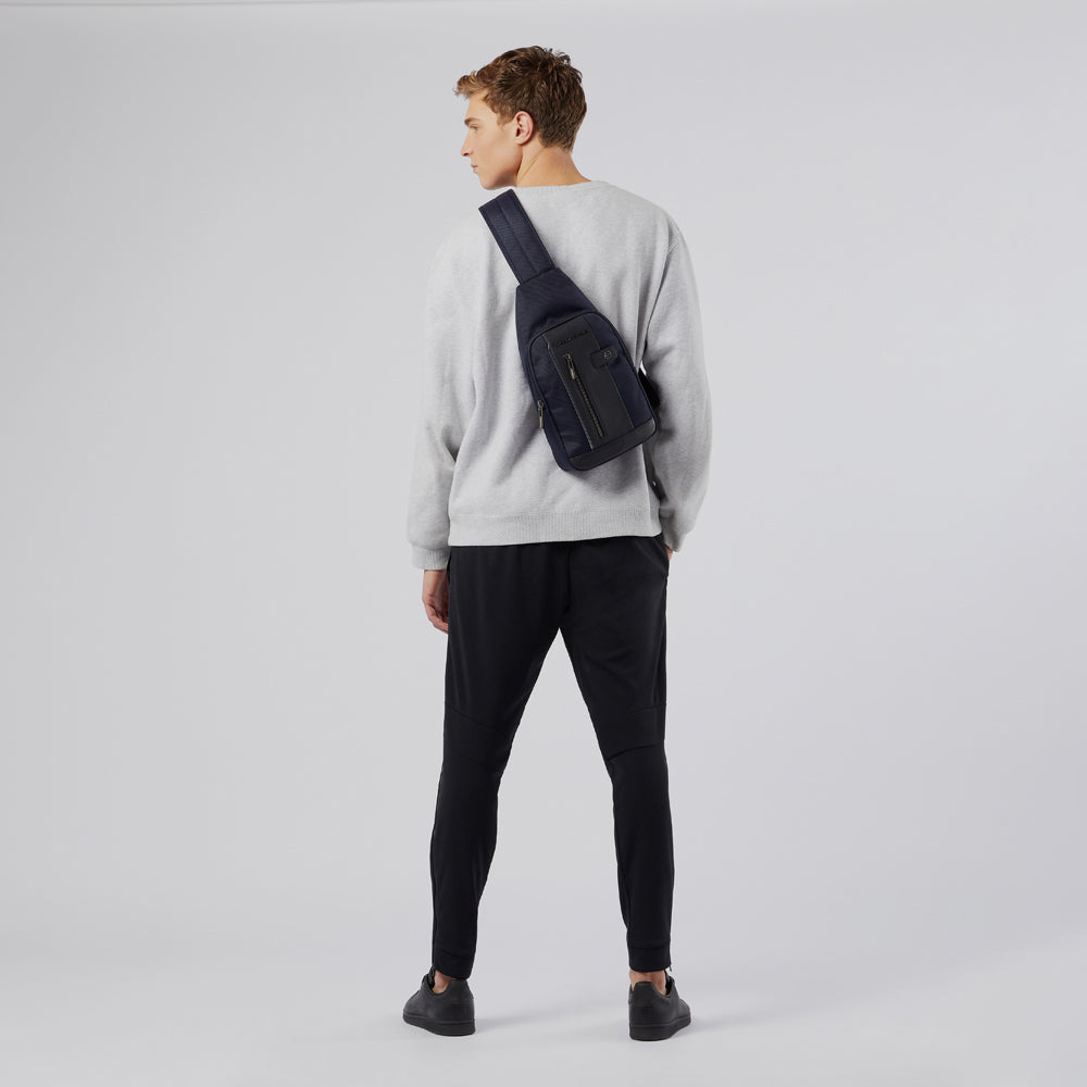 Piquadro Mono sling in recycled fabric with LED light In Linea