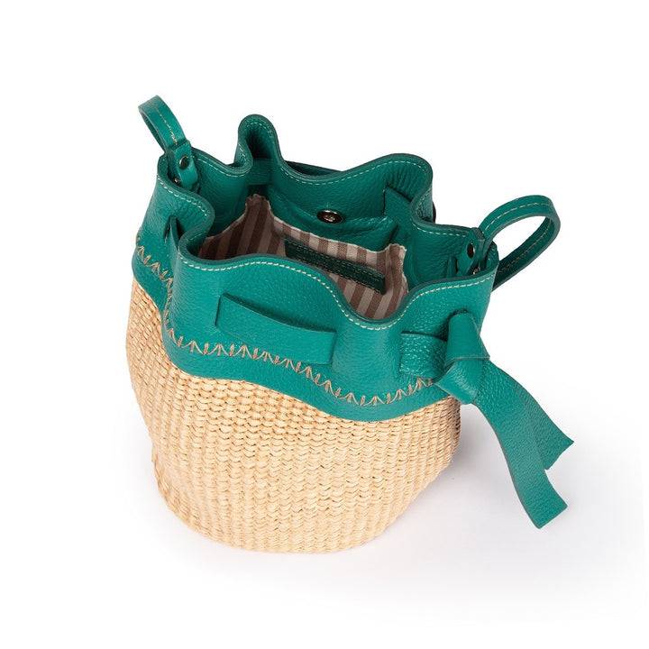 Roberta Gandolfi Ambra mini bucket in rafia e pelle martellata Vendita Economica