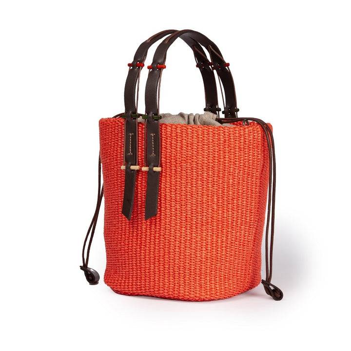 Roberta Gandolfi Fernanda Bucket in rafia con finiture in pelle di vitello con tracolla staccabile Italy