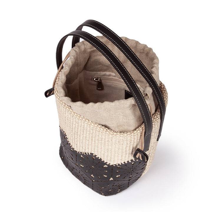 Roberta Gandolfi Giulia Bucket in rafia e pelle il pannello tagliato al laser è interamente cucito a mano con tracolla staccabile Italia
