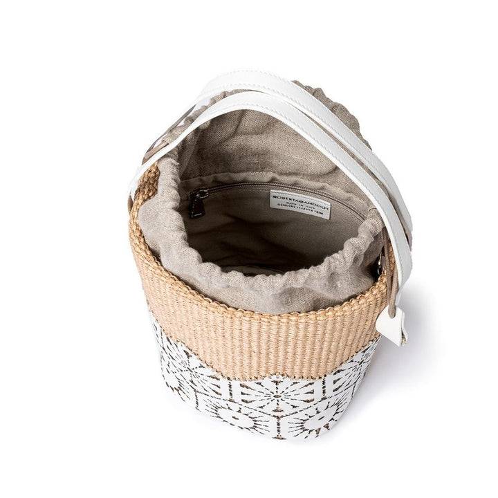 Roberta Gandolfi Giulia Bucket in rafia e pelle il pannello tagliato al laser è interamente cucito a mano con tracolla staccabile Consegna Veloce