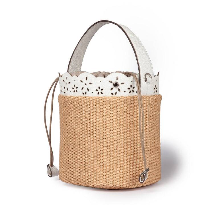 Roberta Gandolfi Diletta Bucket in rafia con balza in pelle laserata con tracolla staccabile Promozione Limitata