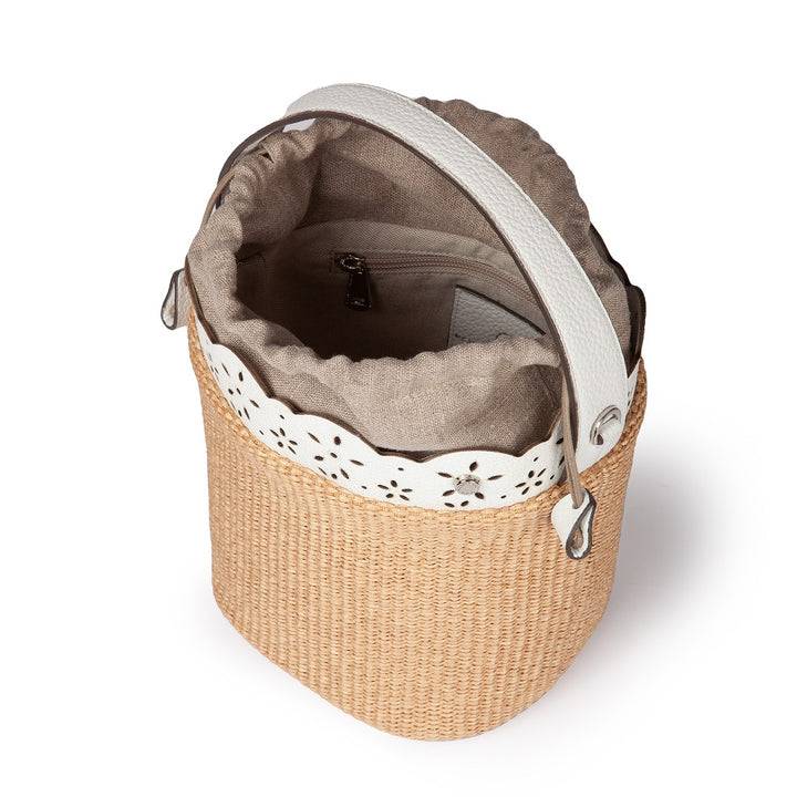 Roberta Gandolfi Diletta Bucket in rafia con balza in pelle laserata con tracolla staccabile Promozione Limitata