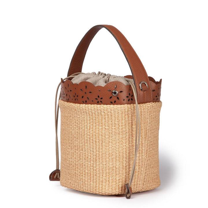 Roberta Gandolfi Diletta Bucket in rafia con balza in pelle laserata con tracolla staccabile Fino Al -60%