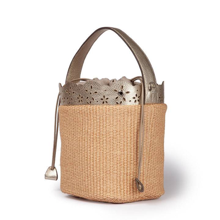Roberta Gandolfi Diletta Bucket in rafia con balza in pelle laserata con tracolla staccabile Shopping Online