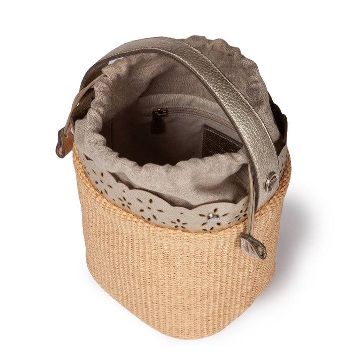 Roberta Gandolfi Diletta Bucket in rafia con balza in pelle laserata con tracolla staccabile Shopping Online