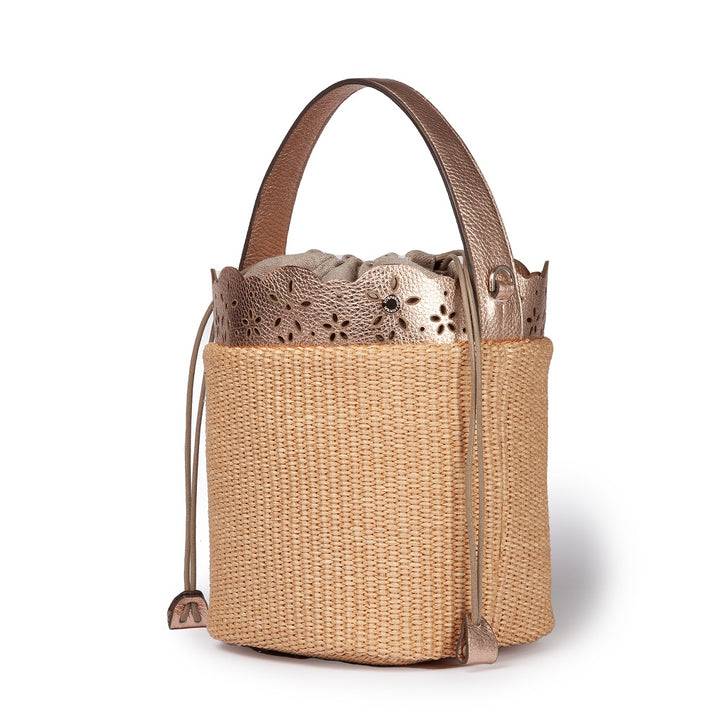 Roberta Gandolfi Diletta Bucket in rafia con balza in pelle laserata con tracolla staccabile Affare Del Giorno