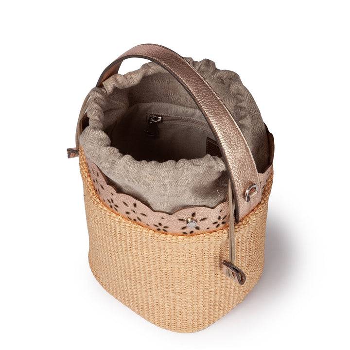 Roberta Gandolfi Diletta Bucket in rafia con balza in pelle laserata con tracolla staccabile Affare Del Giorno