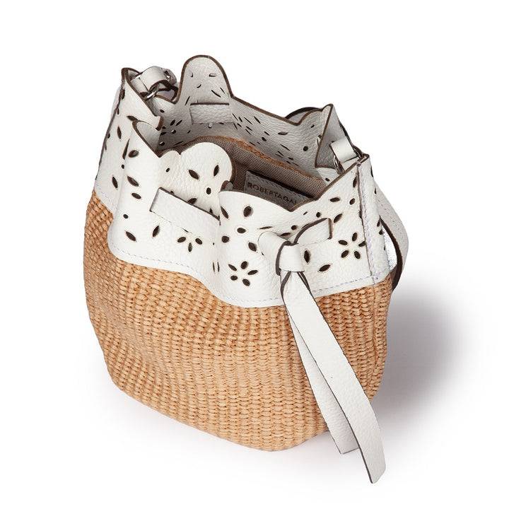 Roberta Gandolfi Diletta Mini Bucket in rafia con balza in pelle laserata con tracolla staccabile Prezzo Ridotto