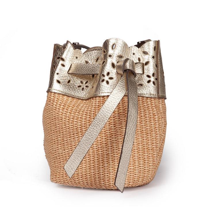 Roberta Gandolfi Diletta Mini Bucket in rafia con balza in pelle laserata con tracolla staccabile Sottocosto