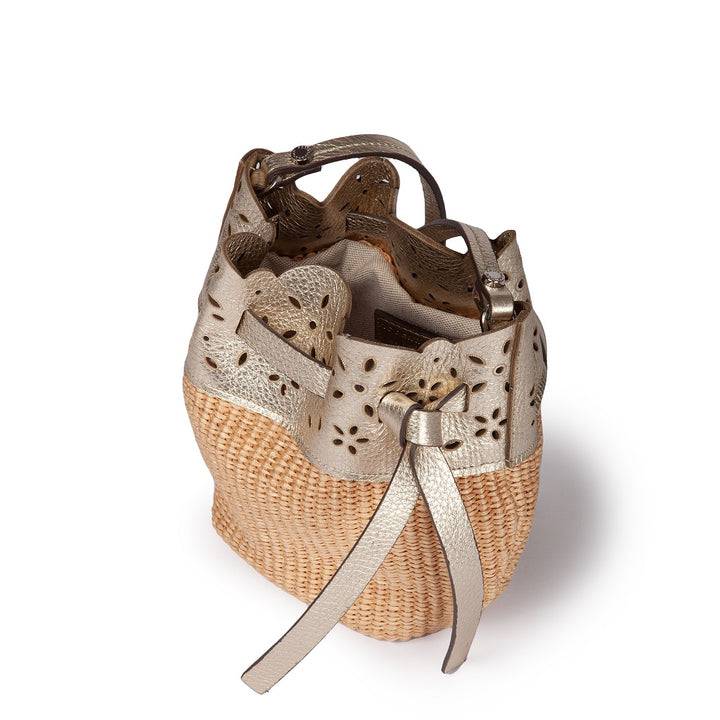 Roberta Gandolfi Diletta Mini Bucket in rafia con balza in pelle laserata con tracolla staccabile Sottocosto