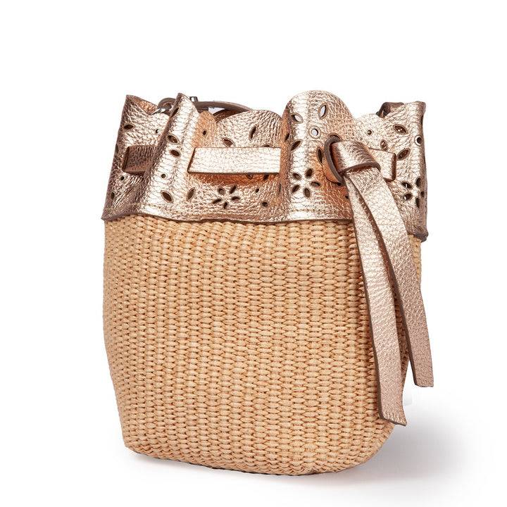 Roberta Gandolfi Diletta Mini Bucket in rafia con balza in pelle laserata con tracolla staccabile Convenienza