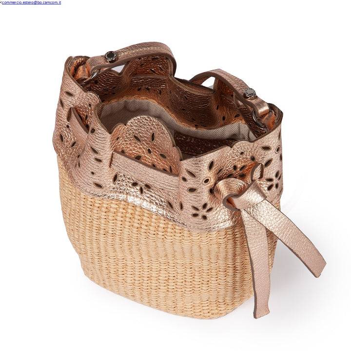 Roberta Gandolfi Diletta Mini Bucket in rafia con balza in pelle laserata con tracolla staccabile Convenienza