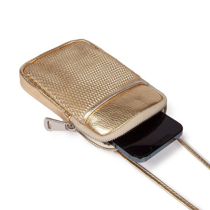 Roberta Gandolfi Yuma Phone holder in pelle di vitello con tracolla staccabile e regolabile e tasca esterna Nuovo