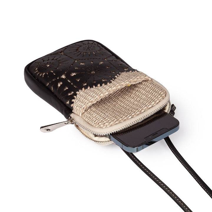 Roberta Gandolfi Giulia phone holder in rafia e pelle il pannello tagliato al laser è interamente cucito a mano con tracolla staccabile Pezzi Unici