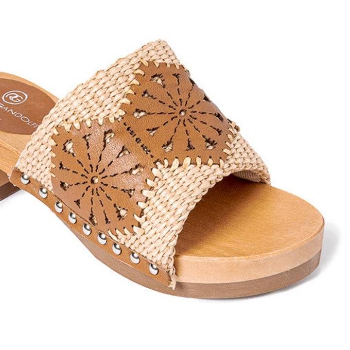 Roberta Gandolfi Sandalo Giulia platform in legno e tomaia in rafia e pelle di vitello laserata con disegno pizzo geometrico Acquista Ora