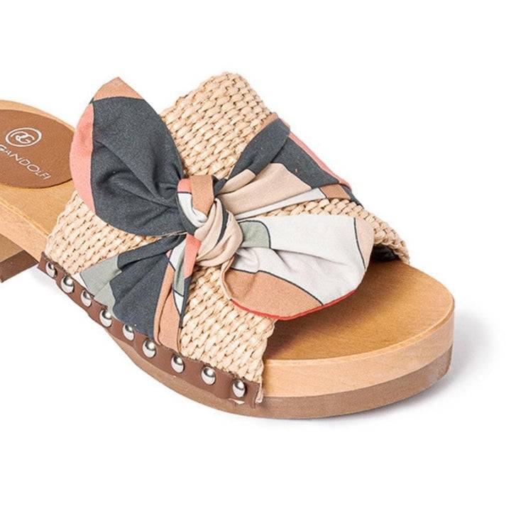 Roberta Gandolfi Lola Sixty sandali in legno con rafia e pelle di vitello con fiocco stampa sixty Consegna Veloce