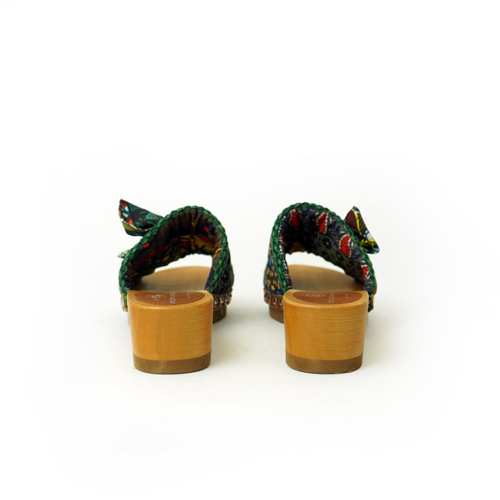 Roberta Gandolfi Lola Sabot sandali in legno con rafia e pelle di vitello con fiocco stampa african Promozione Limitata