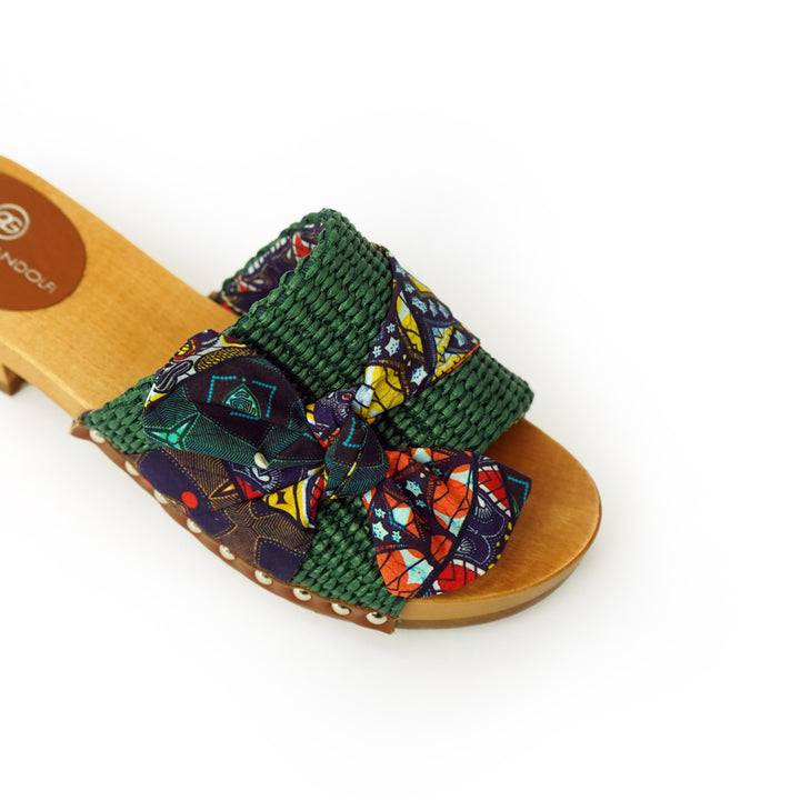 Roberta Gandolfi Lola Sabot sandali in legno con rafia e pelle di vitello con fiocco stampa african Promozione Limitata