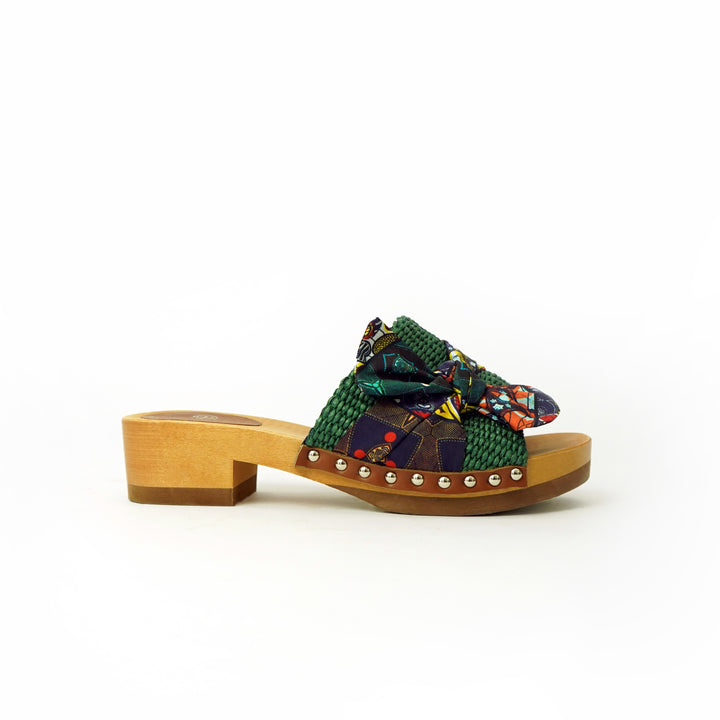 Roberta Gandolfi Lola Sabot sandali in legno con rafia e pelle di vitello con fiocco stampa african Promozione Limitata