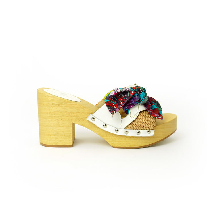 Roberta Gandolfi Diva Chain sandali in legno incrociato con platform in rafia e stampa fiocco tropical Fino Al -60%