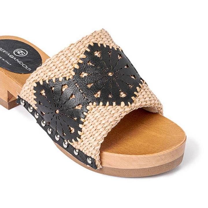 Roberta Gandolfi Sandalo Giulia platform in legno e tomaia in rafia e pelle di vitello laserata con disegno pizzo geometrico Affare Del Giorno