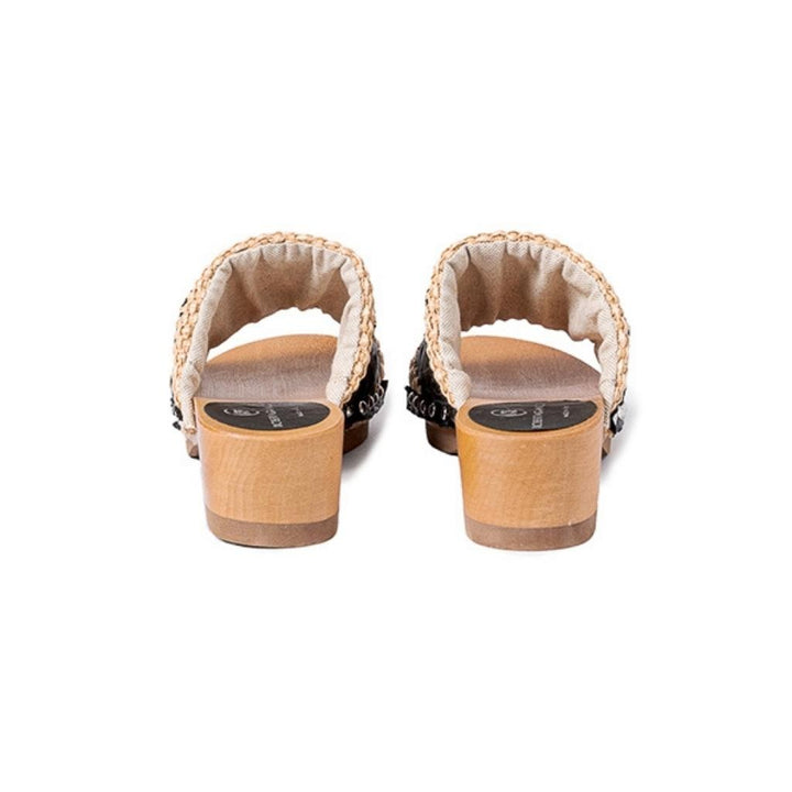 Roberta Gandolfi Sandalo Giulia platform in legno e tomaia in rafia e pelle di vitello laserata con disegno pizzo geometrico Affare Del Giorno