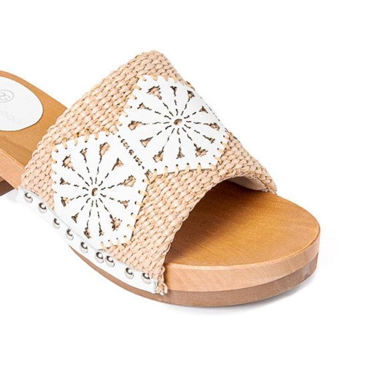 Roberta Gandolfi Sandalo Giulia platform in legno e tomaia in rafia e pelle di vitello laserata con disegno pizzo geometrico Prezzo Ridotto