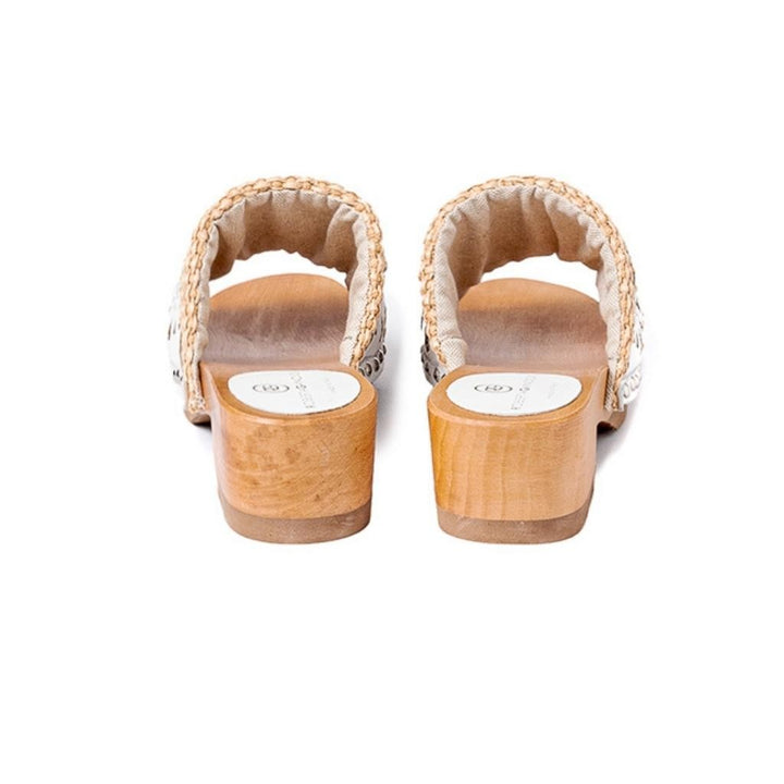 Roberta Gandolfi Sandalo Giulia platform in legno e tomaia in rafia e pelle di vitello laserata con disegno pizzo geometrico Prezzo Ridotto