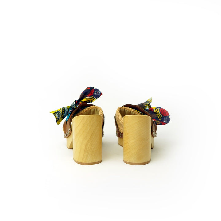 Roberta Gandolfi Diva Chain sandali in legno incrociato con platform in rafia e fiocco stamap african Convenienza