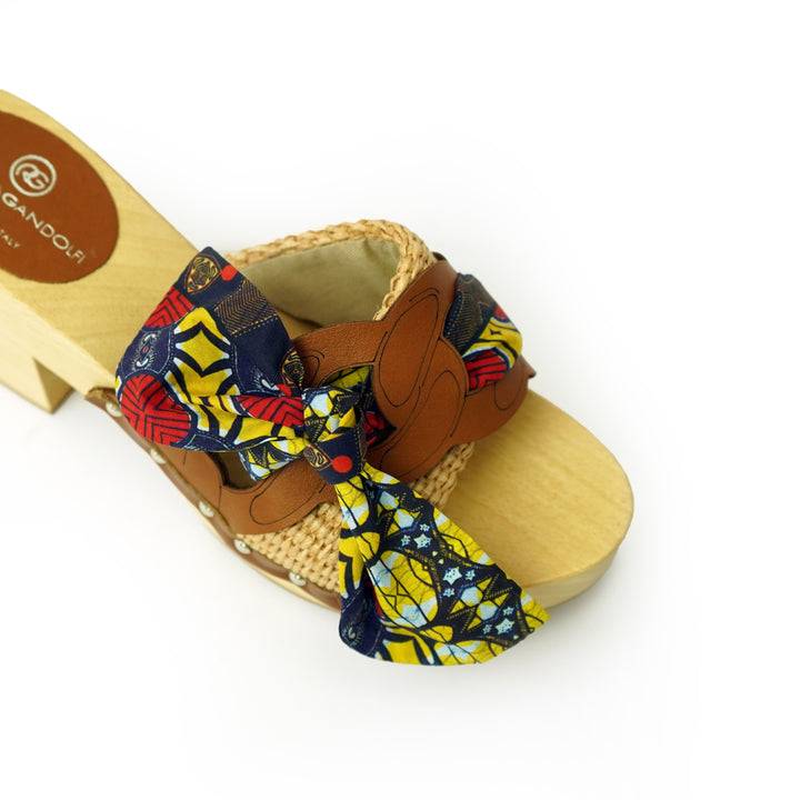 Roberta Gandolfi Diva Chain sandali in legno incrociato con platform in rafia e fiocco stamap african Convenienza