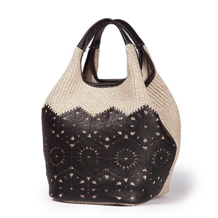 Roberta Gandolfi Giulia Handbag in rafia e pelle il pannello tagliato al laser è interamente cucito a mano con tracolla staccabile Economico