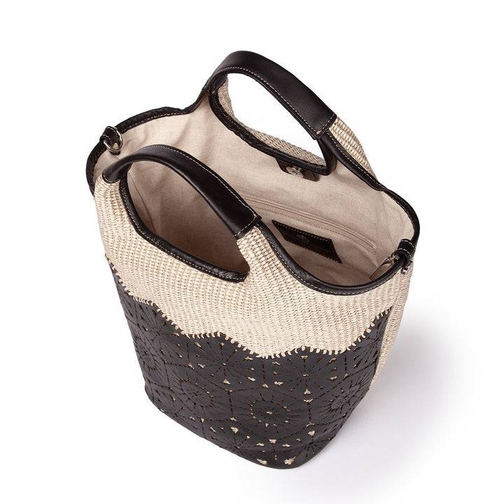 Roberta Gandolfi Giulia Handbag in rafia e pelle il pannello tagliato al laser è interamente cucito a mano con tracolla staccabile Economico
