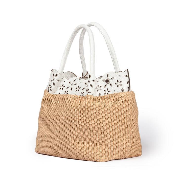 Roberta Gandolfi Diletta Handbag in rafia con balza in pelle laserata con tracolla staccabile Qualità