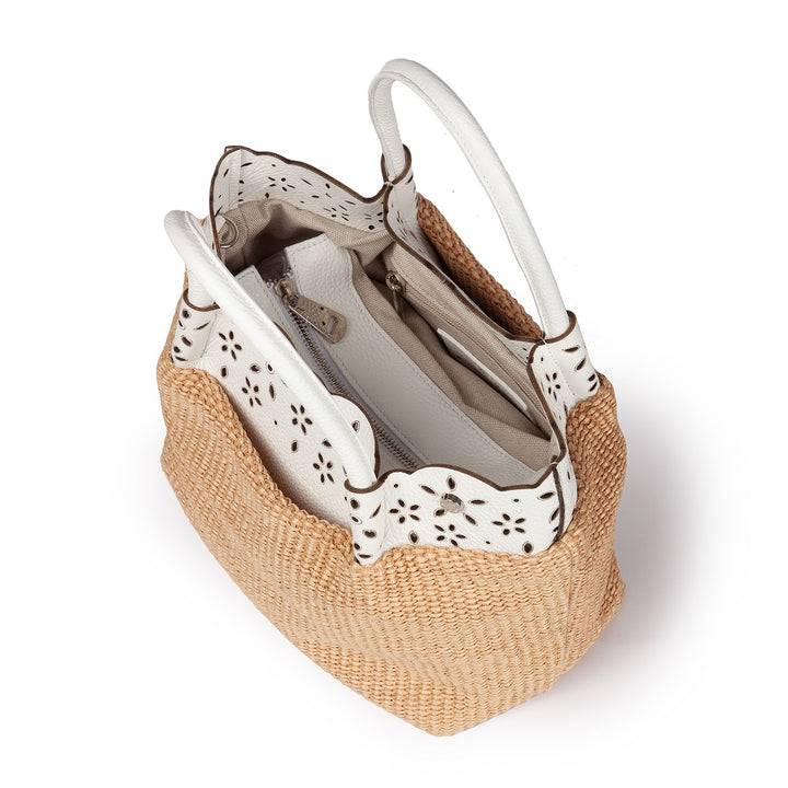 Roberta Gandolfi Diletta Handbag in rafia con balza in pelle laserata con tracolla staccabile Qualità