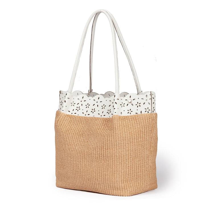 Roberta Gandolfi Diletta Shopping - Tote in rafia con balza in pelle laserata con tracolla staccabile Vendite Flash