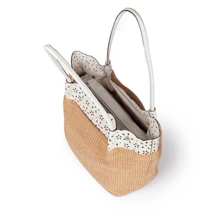 Roberta Gandolfi Diletta Shopping - Tote in rafia con balza in pelle laserata con tracolla staccabile Vendite Flash