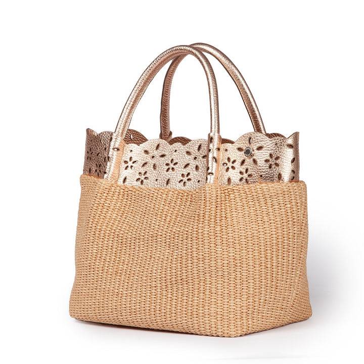 Roberta Gandolfi Diletta Handbag in rafia con balza in pelle laserata con tracolla staccabile Negozio