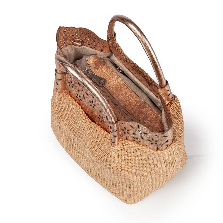 Roberta Gandolfi Diletta Handbag in rafia con balza in pelle laserata con tracolla staccabile Negozio