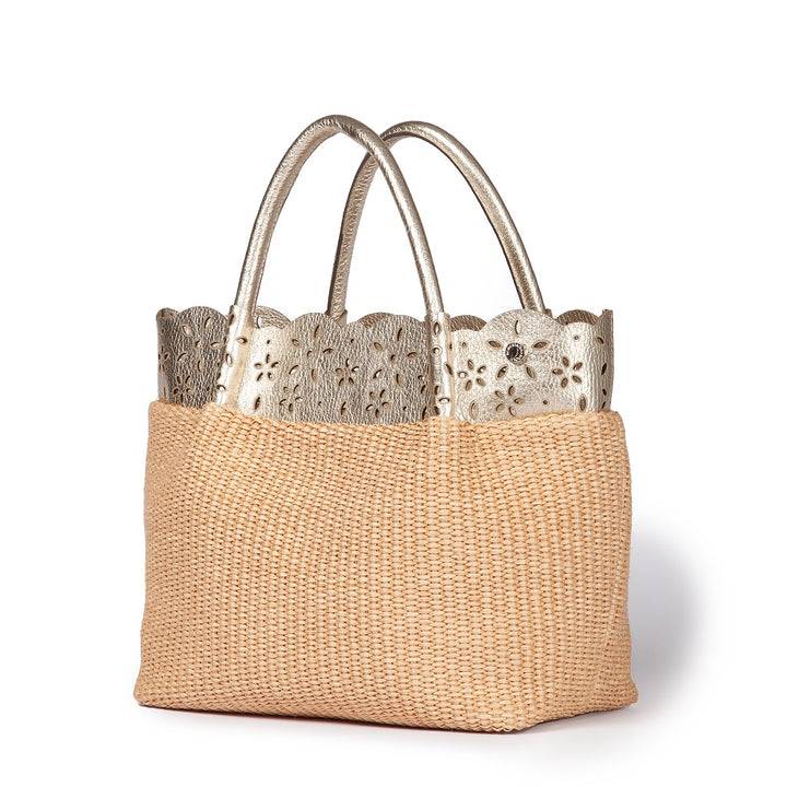 Roberta Gandolfi Diletta Handbag in rafia con balza in pelle laserata con tracolla staccabile In Saldo