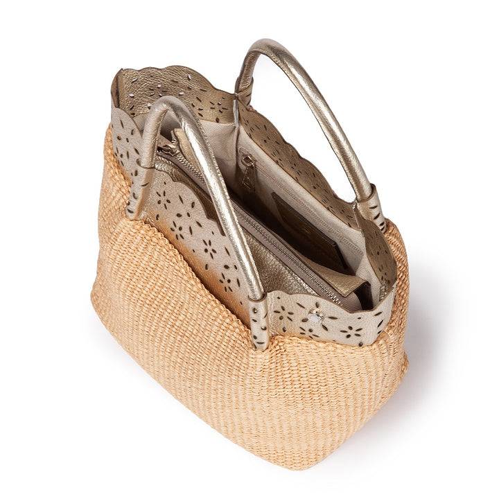 Roberta Gandolfi Diletta Handbag in rafia con balza in pelle laserata con tracolla staccabile In Saldo