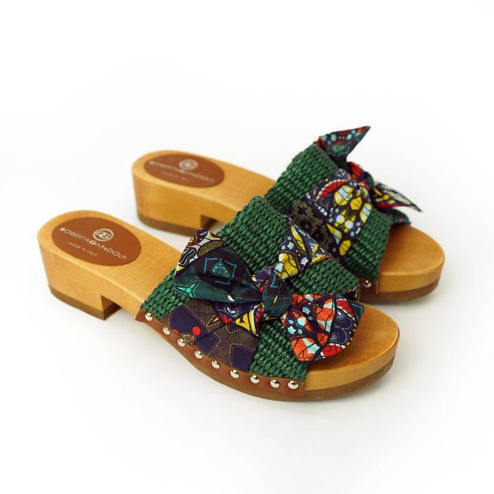 Roberta Gandolfi Lola Sabot sandali in legno con rafia e pelle di vitello con fiocco stampa african Prezzo Ridotto