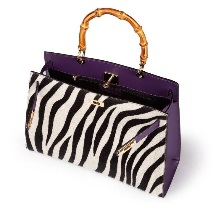 Roberta Gandolfi Lola Pony Large borsa in pelle stampa animalier con manico in vero legno di bambù e tracolla staccabile Outlet