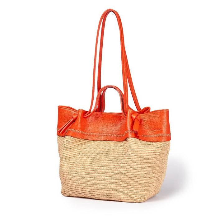 Roberta Gandolfi Ambra large borsa a mano o shopping in rafia e pelle martellata Liquidazione