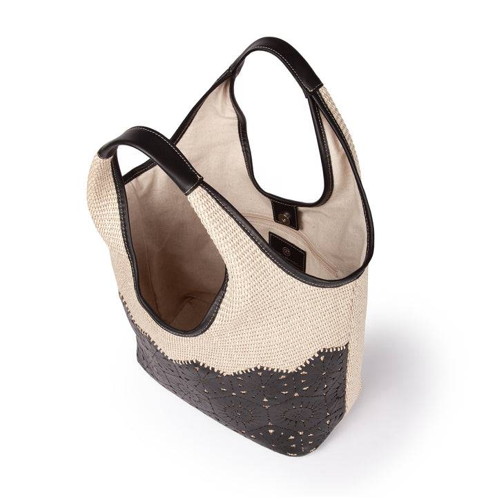 Roberta Gandolfi Giulia Hobo in rafia e pelle il pannello tagliato al laser è interamente cucito a mano Offerta settimanale