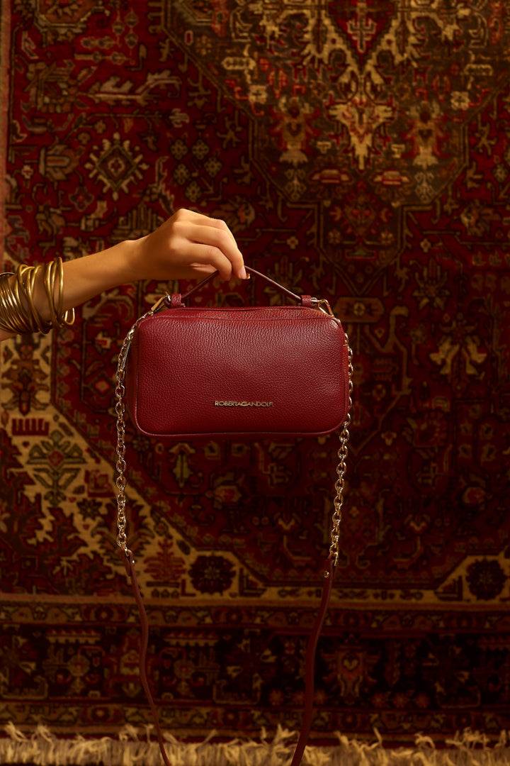 Roberta Gandolfi Brigida camera borsa in pelle con doppio scomparto e tracolla in catena dorata con spallaccio protettivo in pelle Only for today