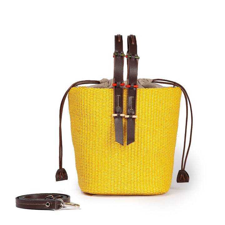 Roberta Gandolfi Fernanda Bucket in rafia con finiture in pelle di vitello con tracolla staccabile Economico